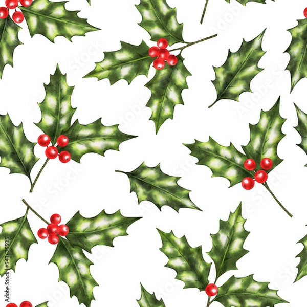 Obraz Holly berry Christmas seamless pattern. Christmas holly branches on white background. 