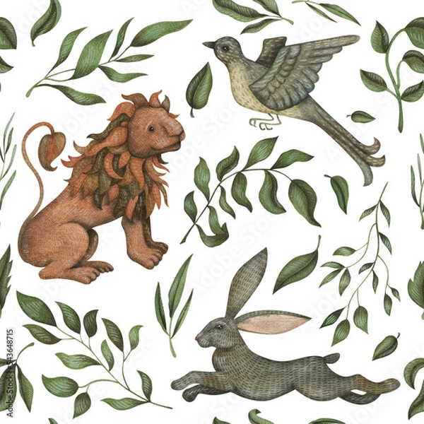 Obraz Watercolor seamless pattern with vintage lion, bunny, bird, branches and leaves. Retro background for creative design