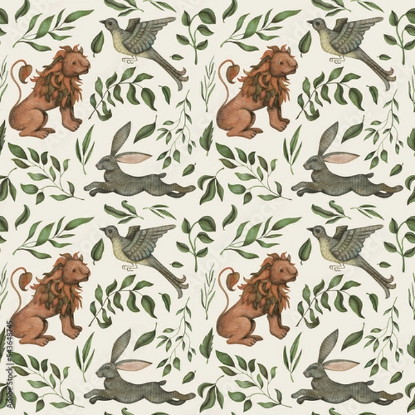 Obraz Watercolor seamless pattern with vintage lion, bunny, birdand greenery on beige background for creative design