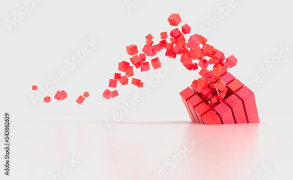 Fototapeta Abstract creative modern red and white 3D background a three-dimensional cube lying on its side and exploding small cube particles flying out of it. 3d illustration