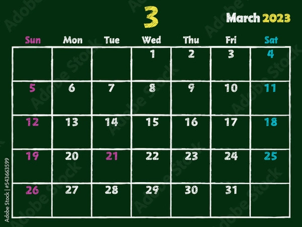 Fototapeta 2023年3月黒板カレンダー