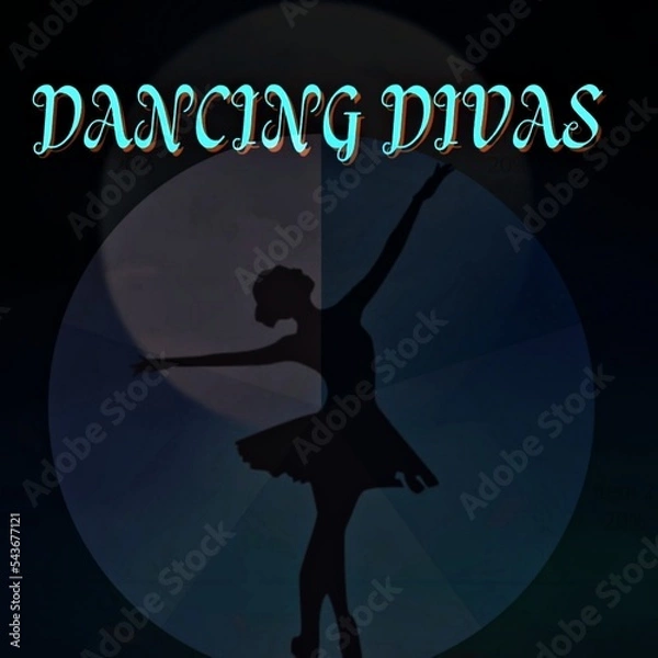 Fototapeta Dancing divas text logo with a silhoutte girl dancing on background