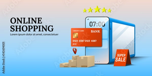 Fototapeta Online shopping smartphone store with location map pin credit card parcel boxes and stars
