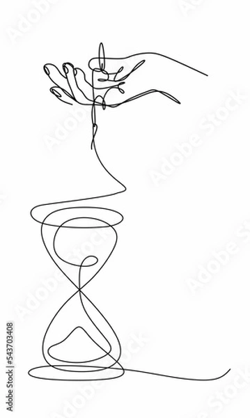 Fototapeta Continuous drawing with one line in the hand of a burning candle and a time timer. Close-up vector illustration.