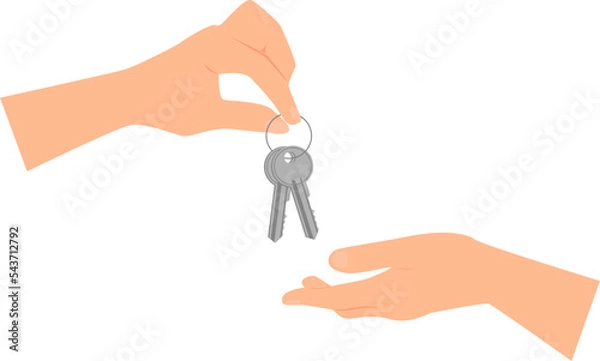 Fototapeta Hand giving two keys to another hand. Transparent background. Flat vector illustration.