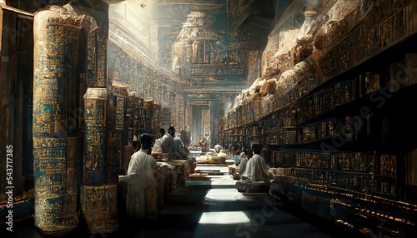 Obraz AI generated image depicting inside of the ancient library at Alexandria 2000 years ago. Students and scholars reading from huge racks to papyrus scrolls. Walls covered with hieroglyphs