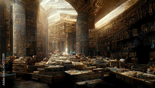 Fototapeta AI generated image depicting inside of the ancient library at Alexandria 2000 years ago. Students and scholars reading from huge racks to papyrus scrolls. Walls covered with hieroglyphs