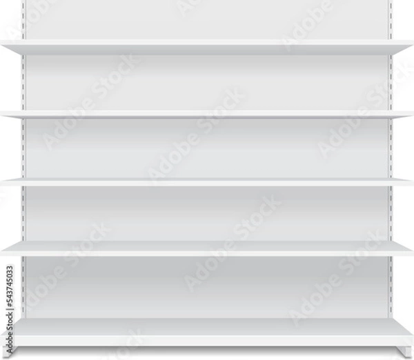 Fototapeta Mockup White Blank Empty Showcase Display With Retail Shelves. Front View 3D. Illustration Isolated On White Background. Mock Up Template Ready For Your Design. Product Packing Vector EPS10