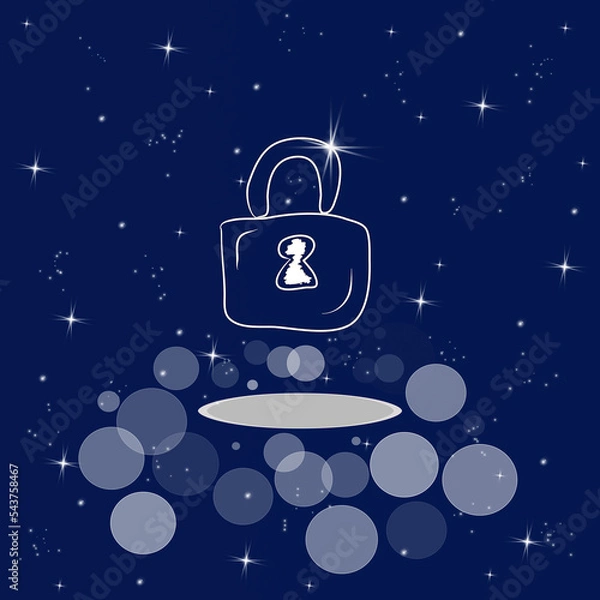 Fototapeta Lock, security, reliability, protection. Banner, illustration with dark blue color background.  New concept backdrop, glitter effect
