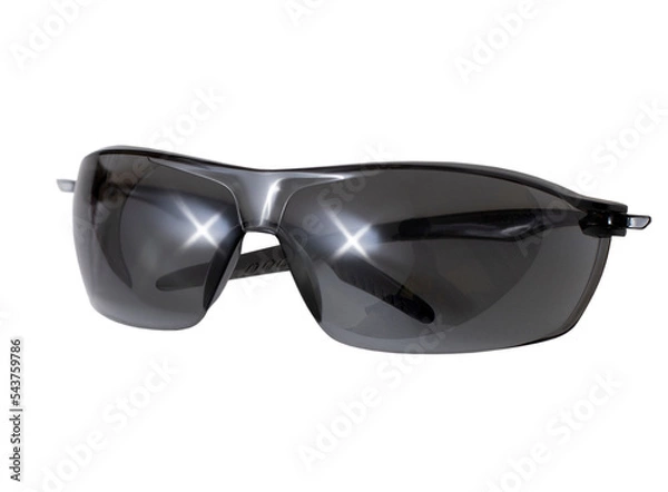 Obraz Dark sports closed sunglasses with glare from the sun on the surface isolated on a white background, close-up