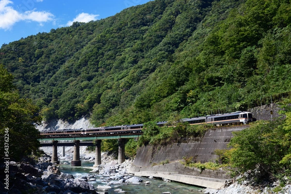 Obraz 山間の渓谷の鉄橋を渡る高山本線特急ひだ号