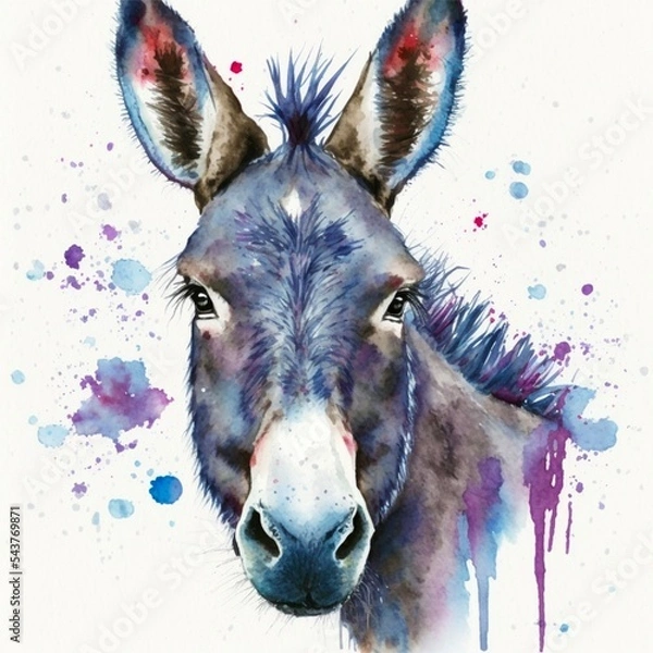 Obraz portrait of a donkey in colourful watercolour, wall art, generated image