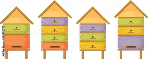 Fototapeta Hive. Beehives. Four wooden beehives in the form of houses. Colorful beehives in cartoon style. Houses for honey bees. Vector illustration isolated on a white background