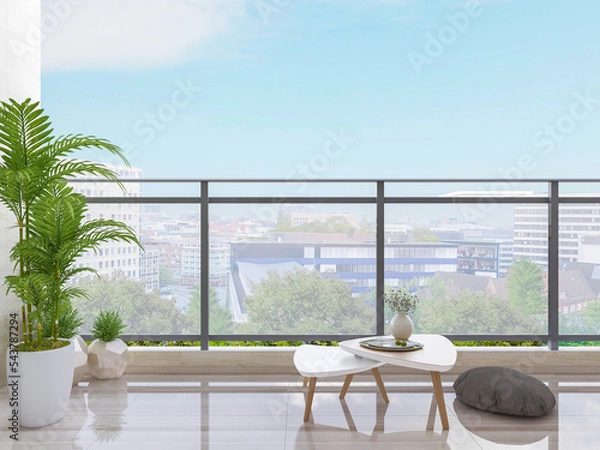 Fototapeta Leisure modern open balcony design, 3D rendering
