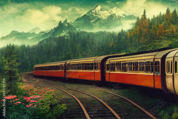 Fototapeta AI generated image of a train passing through hills with the Himalayas in the background. Himanchal Pradesh in India 