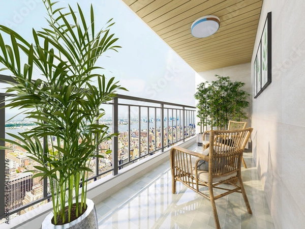 Fototapeta Leisure modern open balcony design, 3D rendering