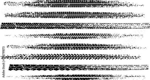Obraz Set of black motorcycle tire tread print with grunge effect isolated on white background. Footprint of bike or car wheels with seamless texture. Top view of rubber protector marks. Vector brush