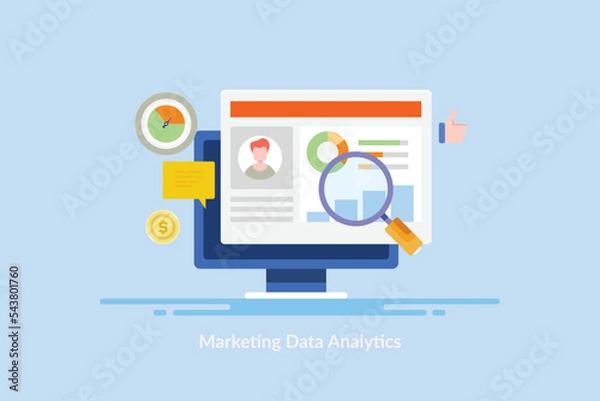 Fototapeta Business analytics shows data driven report, improving marketing performance and customer sales crm solution illustration.