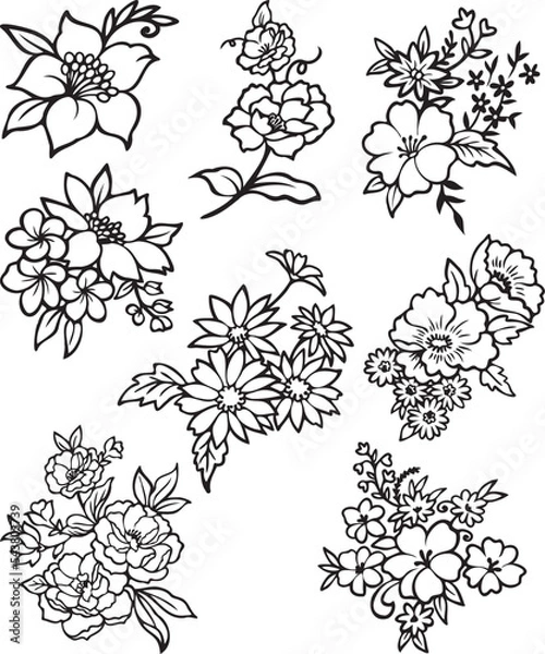 Obraz wildflower bundle, botanical bundle, floral, flower, botanical clipart, flower clipart, set of black and white flowers
