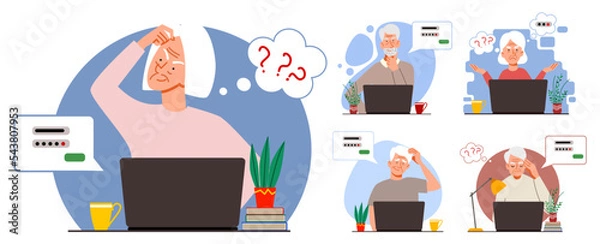 Fototapeta set of Concepts of an elderly man thinking on a laptop. The old woman forgot the password and login from the account on the web page. Vector illustration in a flat style.