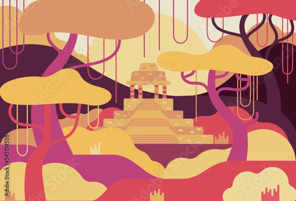 Obraz Lost City in the jungle - vector cartoon illustration in flat stile. 
