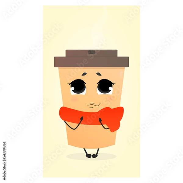 Obraz Cute female paper coffee cup with red scarf, vector flat style cartoon character. Cute smiling happy and shy icon. Take away coffee, cafe concept, warm Flat vector illustration.