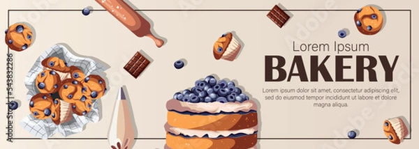 Fototapeta Pastry, baking products, cake, muffins, utensils, copy-space on light. Bakeries, shops, confectionery, cooking, dessert concept. Vector illustration for poster,banner,flyer,menu,advertising. 