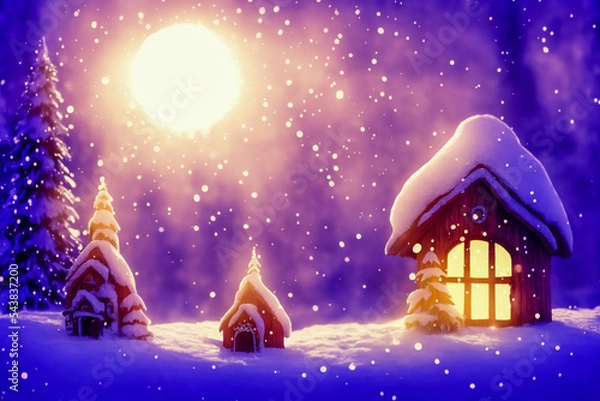 Fototapeta Abstract toy castle. Fairy hut. Christmas winter background. 3d image