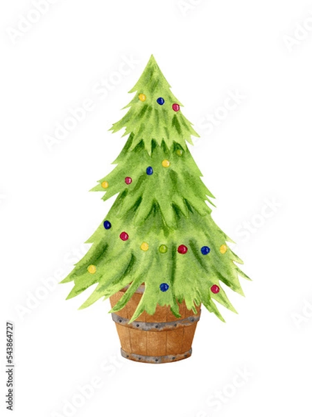 Obraz Illustration of a Christmas . Symbol of Christmas. Watercolor Christmas Tree in Wooden Bucket Isolated on White Background. Clipart.