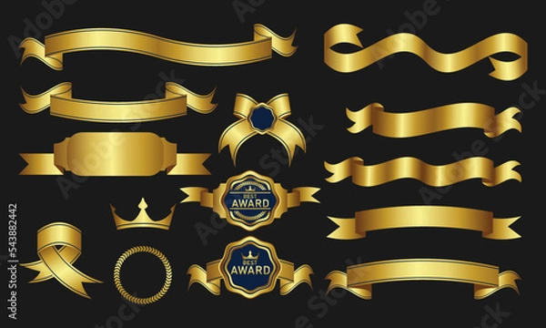 Fototapeta collection of gold ribbon vector design elements, seals, medals, shields, coats, badges, banners, scrolls and ornaments