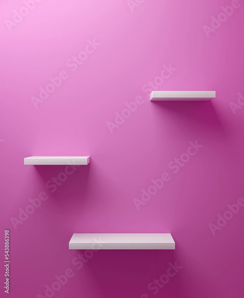 Fototapeta Set of three empty white shelves on a pink color wall