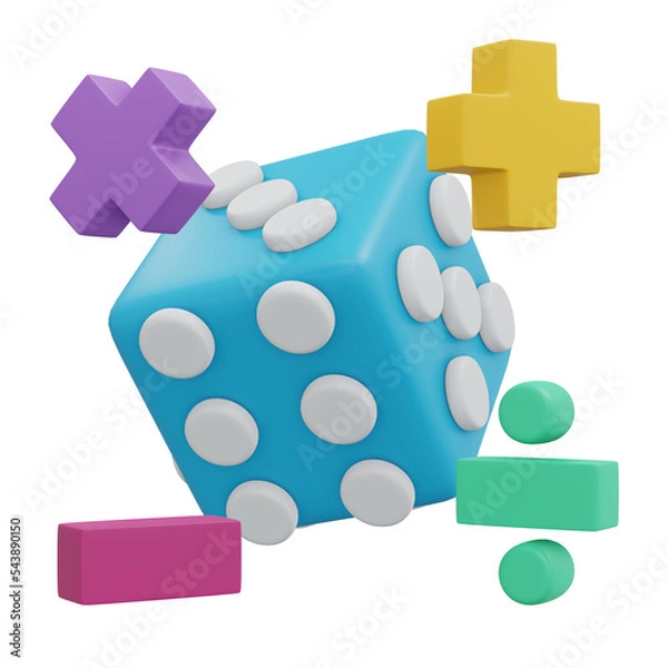 Fototapeta 3D render of rolling dice with basic math symbol minus plus multiply and equal cartoon style