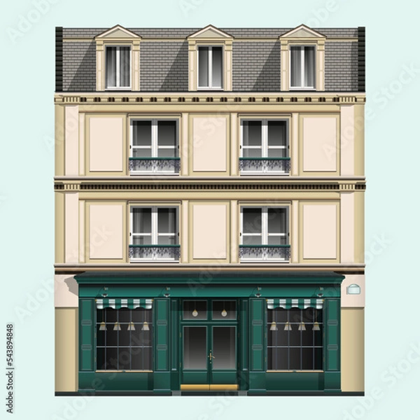 Fototapeta European oldfashioned brick building in realistic style. Facade front view of oldfashioned house.