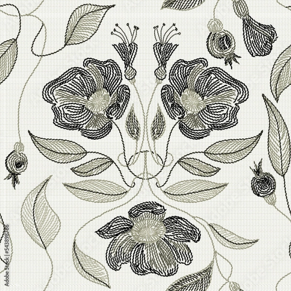 Obraz Embroidered flowers and leaves ornament on a white background.
