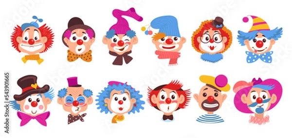 Fototapeta Funny clown faces. Cartoon positive comic artists heads. Happy facial expressions. Smiling circus characters. Comedians with bright makeups. Buffoons wigs and hats. Splendid vector set