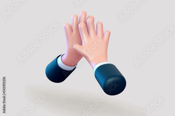 Obraz 3D cartoon high five gesture. Concept of business success, friendship and teamwork. Emoji icon of clapping business mans hands in suits on light background. Vector illustration.