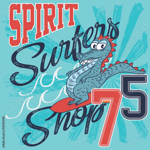 Fototapeta Illustration lizard surfboard with college design, text Spirit Surfer Shop, Varsity style.