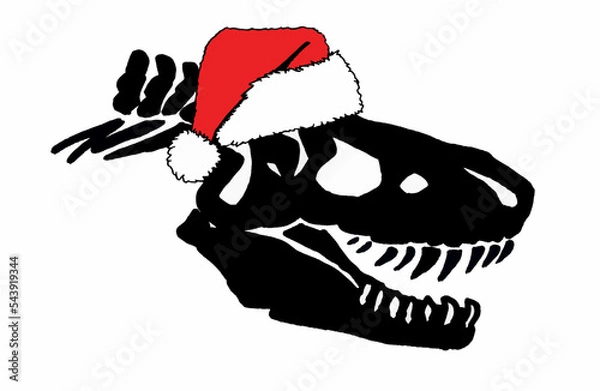Obraz Graphical  silhouette of dinosaur skull  in Santa Claus red hat isolated on white background,vector Christmas element