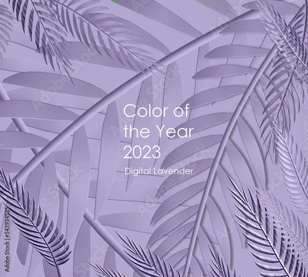 Fototapeta Background from abstract tropical leaves coloured in trendy lavender color. Color of the year 2023 Digital Lavender 3D illustration