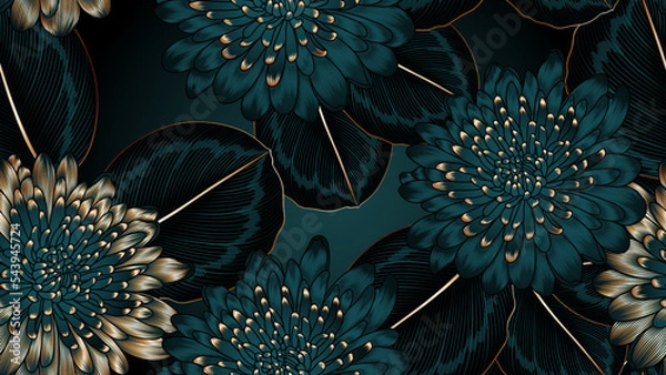 Fototapeta Vintage luxury seamless floral background with golden chrysanthemum flowers and calathea leaves . Romantic pattern template for wall decor, wallpaper, wedding invitations, ceremonies, cards.