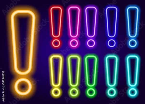 Obraz Vector neon exclamation mark set of different colors. a collection of an isolated exclamation mark element glowing on dark blue with different colors of red, blue and green for a design template. a sy