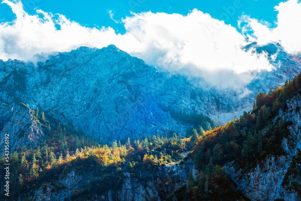 Fototapeta View of mountain peaks in Logar valley or Logarska dolina, Alps of Slovenia
