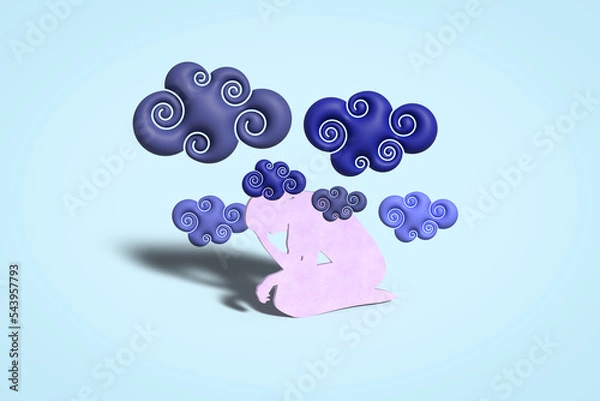 Obraz Brain Fog, depression, anxiety,  illustration, female kneeling with stylised fog clouds, long covid, menopause, confusion, loss of concentration, dementia concept. 3D illustration