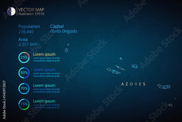 Fototapeta Azores map infographics vector template with abstract geometric mesh polygonal light concept on blue background. Template for diagram, graph, presentation and chart