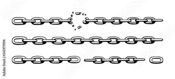 Fototapeta Broken chain with shatters as symbol of strength and freedom. Sketch of metal chains. Vector illustration isolated in white background
