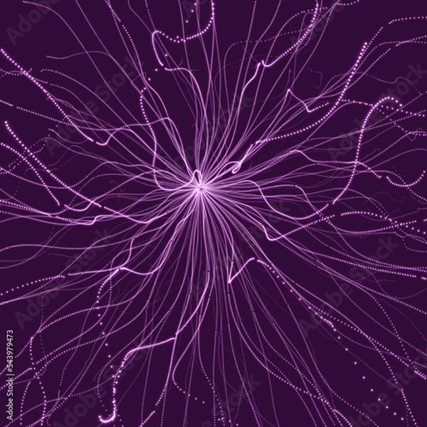 Obraz Point explode. Array with dynamic emitted particles. 3d technology style. Abstract background. Vector illustration