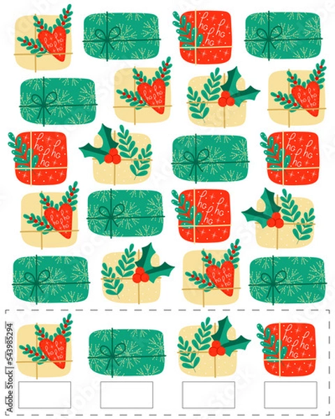 Fototapeta Play and development of children. Puzzle, test, IQ for schoolchildren, preschoolers. For print.
Gifts for the New Year. Numbers, mathematical account. Logic exercises. christmas games.