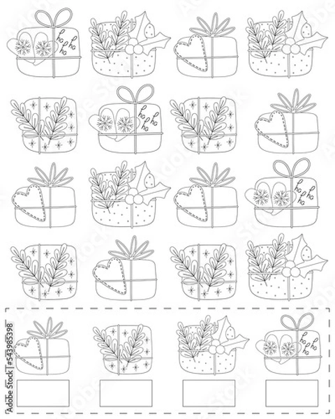 Fototapeta Development of children, find the same, count. Numbers, mathematical account. Coloring book, Puzzle, test, IQ, developing, for schoolchildren, preschoolers. Logic exercises. Christmas games.