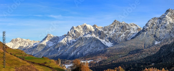 Obraz Swiss Alps mountain peaks in the Lower Engadin in Canton Grisons: Piz Ajuez, Piz Lischana, Piz San Jon Dadora and connecting mountain chains