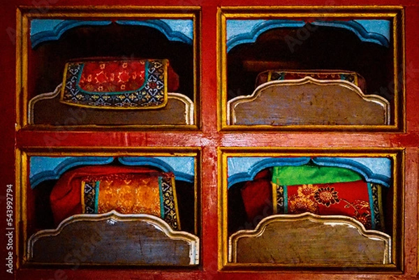 Obraz Prayers books pigeon hole in Aryapala temple in Gorkhi Terelj national Park in Mongolia 